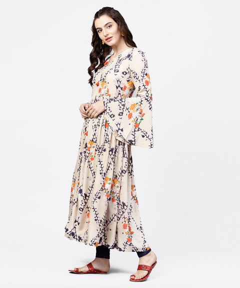 White printed full sleeve rayon slub anarkali kurta