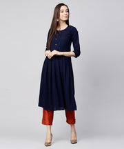 Solid Navy blue 3/4th sleeve cotton slub anarkali kurta