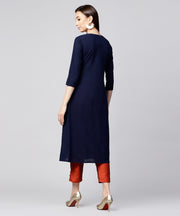 Solid Navy blue 3/4th sleeve cotton slub anarkali kurta