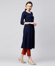 Solid Navy blue 3/4th sleeve cotton slub anarkali kurta