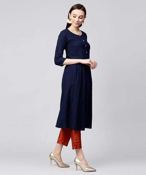 Solid Navy blue 3/4th sleeve cotton slub anarkali kurta