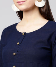 Solid Navy blue 3/4th sleeve cotton slub anarkali kurta