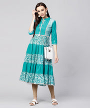 Blue khadi print 3/4th sleeve Rayon & cotton slub tiered anarkali kurta