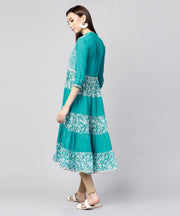 Blue khadi print 3/4th sleeve Rayon & cotton slub tiered anarkali kurta