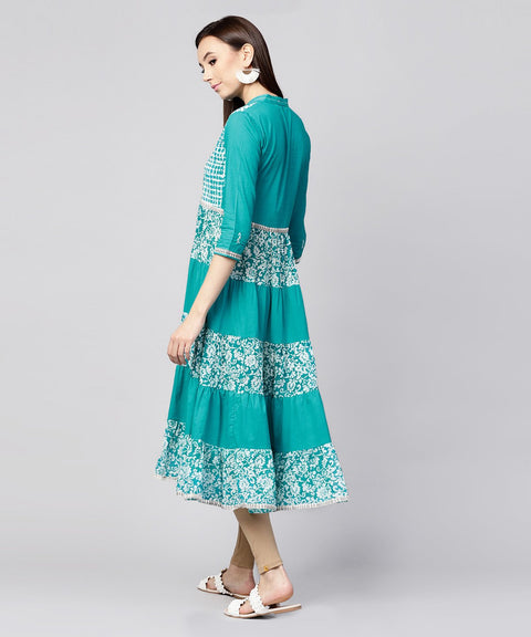 Blue khadi print 3/4th sleeve Rayon & cotton slub tiered anarkali kurta
