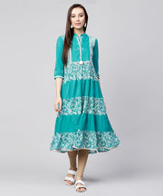 Blue khadi print 3/4th sleeve Rayon & cotton slub tiered anarkali kurta