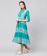 Blue khadi print 3/4th sleeve Rayon & cotton slub tiered anarkali kurta