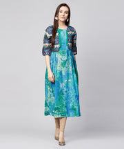 Blue bangalori printed sleeveless A-line kurta with 3/4th sleeve blouse jacket