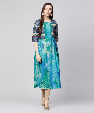 Blue bangalori printed sleeveless A-line kurta with 3/4th sleeve blouse jacket