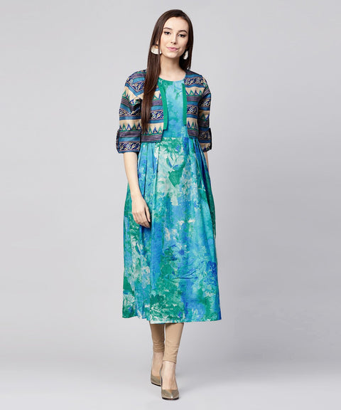 Blue bangalori printed sleeveless A-line kurta with 3/4th sleeve blouse jacket