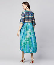 Blue bangalori printed sleeveless A-line kurta with 3/4th sleeve blouse jacket