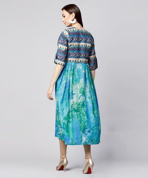 Blue bangalori printed sleeveless A-line kurta with 3/4th sleeve blouse jacket