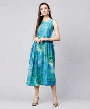 Blue bangalori printed sleeveless A-line kurta with 3/4th sleeve blouse jacket