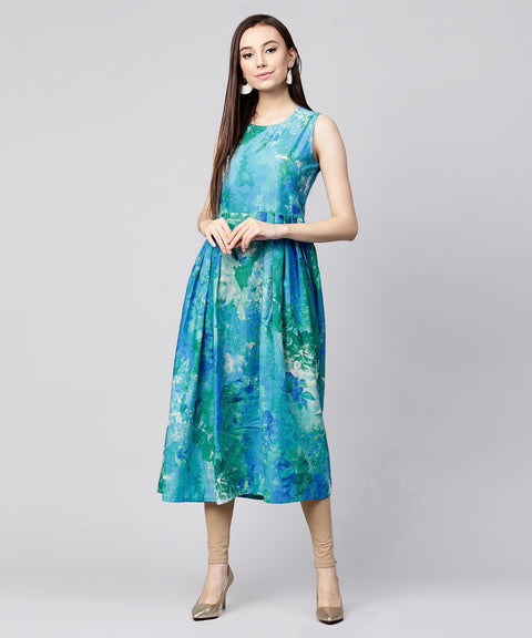 Blue bangalori printed sleeveless A-line kurta with 3/4th sleeve blouse jacket