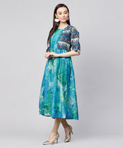 Blue bangalori printed sleeveless A-line kurta with 3/4th sleeve blouse jacket