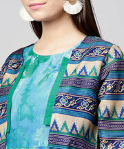 Blue bangalori printed sleeveless A-line kurta with 3/4th sleeve blouse jacket