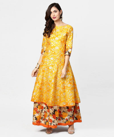 Yellow banglori printed 3/4th sleeve double layer anarkali kurta