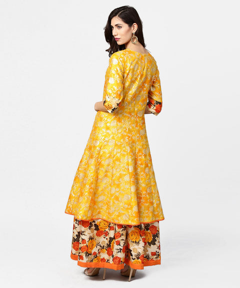 Yellow banglori printed 3/4th sleeve double layer anarkali kurta