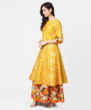 Yellow banglori printed 3/4th sleeve double layer anarkali kurta