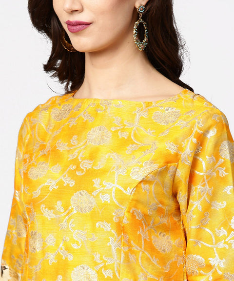 Yellow banglori printed 3/4th sleeve double layer anarkali kurta