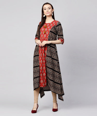 Red & Black printed 3/4th sleeve cotton A-line low-high kurta