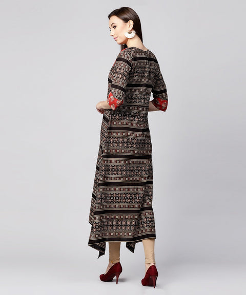 Red & Black printed 3/4th sleeve cotton A-line low-high kurta