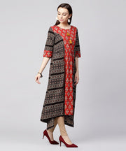 Red & Black printed 3/4th sleeve cotton A-line low-high kurta