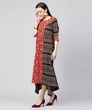 Red & Black printed 3/4th sleeve cotton A-line low-high kurta