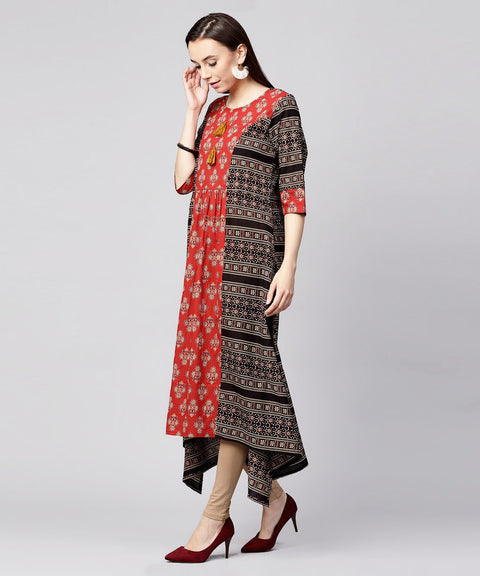 Red & Black printed 3/4th sleeve cotton A-line low-high kurta
