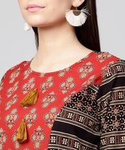 Red & Black printed 3/4th sleeve cotton A-line low-high kurta