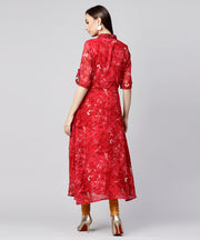 Red 3/4th sleeve silk baleno printed anarkali kurta
