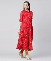Red 3/4th sleeve silk baleno printed anarkali kurta