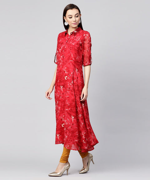 Red 3/4th sleeve silk baleno printed anarkali kurta