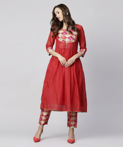 Red 3/4th sleeve chanderi printed anarkali kurta with printed palazzo