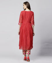 Red 3/4th sleeve chanderi printed anarkali kurta with printed palazzo