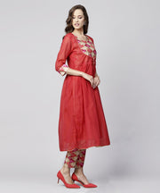 Red 3/4th sleeve chanderi printed anarkali kurta with printed palazzo
