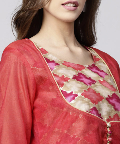 Red 3/4th sleeve chanderi printed anarkali kurta with printed palazzo