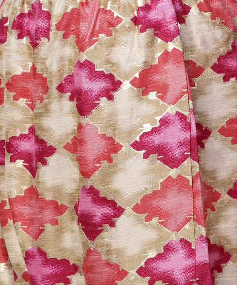 Red 3/4th sleeve chanderi printed anarkali kurta with printed palazzo