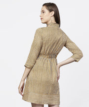 Yellow 3/4th sleeve striped cotton dress