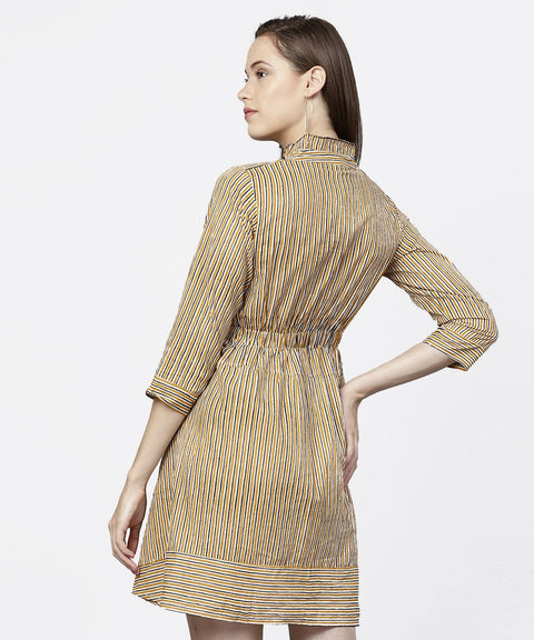 Yellow 3/4th sleeve striped cotton dress