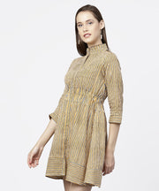 Yellow 3/4th sleeve striped cotton dress