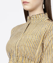 Yellow 3/4th sleeve striped cotton dress
