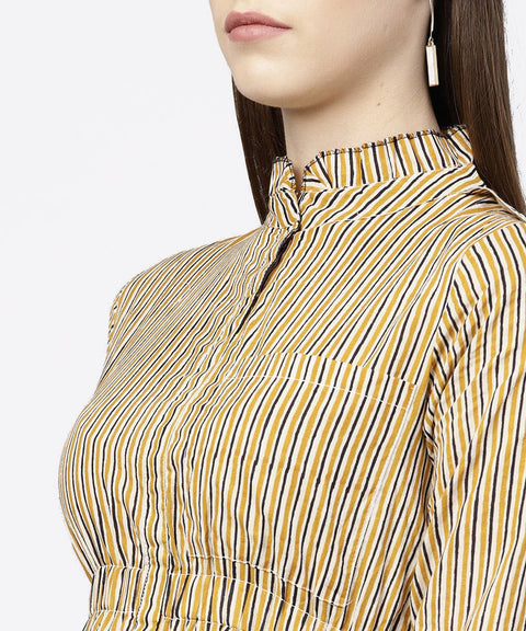 Yellow 3/4th sleeve striped cotton dress