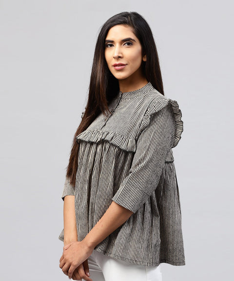 Black striped 3/4th sleeve cotton Tops