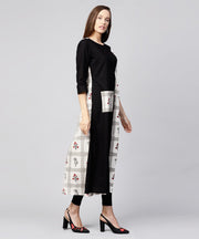 Off White & Black printed cotton 3/4th sleeve A-line kurta with pocket at front