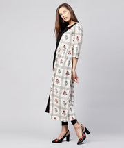 Off White & Black printed cotton 3/4th sleeve A-line kurta with pocket at front