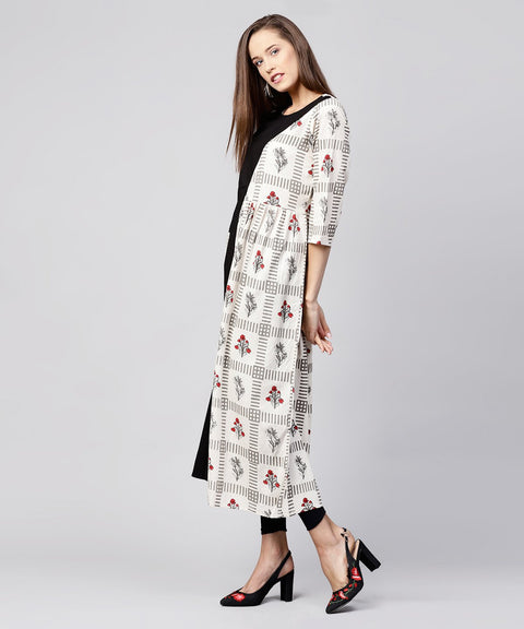 Off White & Black printed cotton 3/4th sleeve A-line kurta with pocket at front