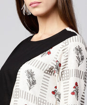 Off White & Black printed cotton 3/4th sleeve A-line kurta with pocket at front