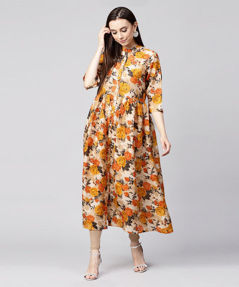 Yellow flower printed 3/4th sleeve Anarkali kurta