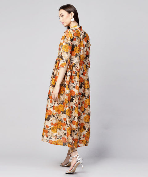 Yellow flower printed 3/4th sleeve Anarkali kurta